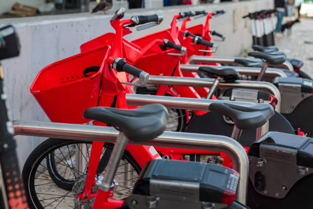 istock Row of parked electric bicycles 1152721491