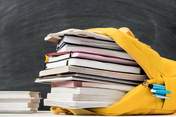 information overload backpack books chalkboard Information overload. Yellow backpack stuffed with books and note pad over empty chalkboard. information overload photos stock pictures, royalty-free photos & images