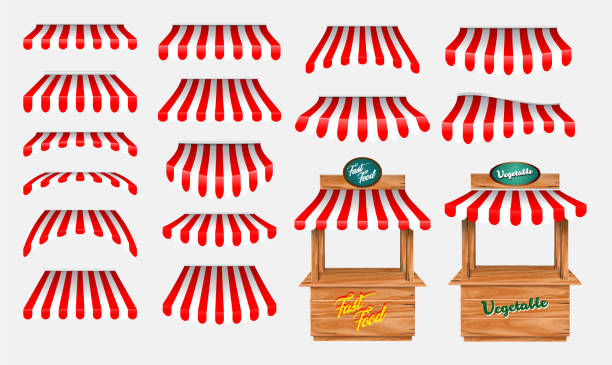 ilustrações, clipart, desenhos animados e ícones de jogo de awing com a tenda de madeira do carrinho do mercado e o vário quiosque, com o toldo listrado vermelho e branco isolado. - barraca de mercado