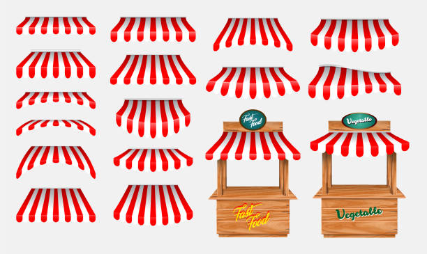set of awing with wooden market stand stall and various kiosk, with red and white striped awning isolated. set of awing with wooden market stand stall and various kiosk, with red and white striped awning isolated. easy to modify market stall stock illustrations