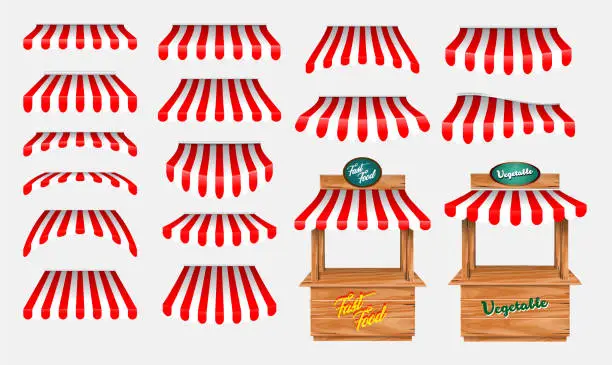 Vector illustration of set of awing with wooden market stand stall and various kiosk, with red and white striped awning isolated.