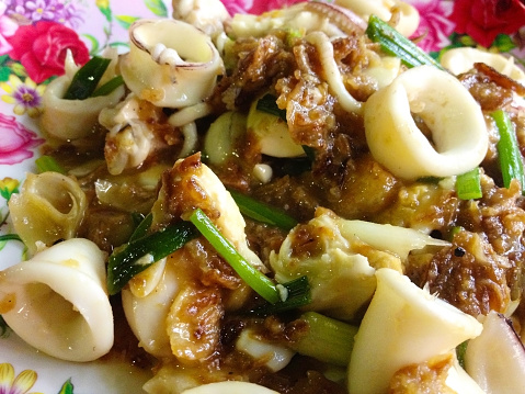 Fried squid with oyster sauce, Thai food