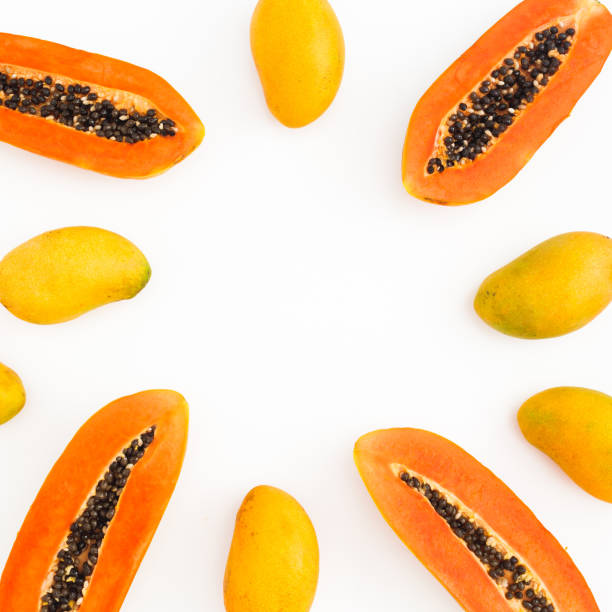 istock Frame of yellow mango and papaya fruit on white background. Flat lay. Top view. 1152746446