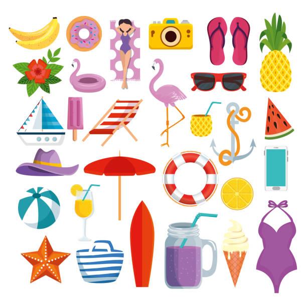 set of summer time with tropical fruits and exotic vacation set of summer time with tropical fruits and exotic vacation vector illustration banana seat stock illustrations