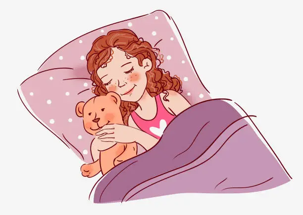Vector illustration of Cute little girl sleeping with Teddy Bear