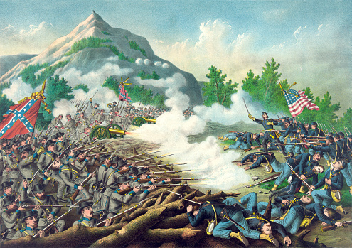 Vintage illustration features the Battle of Kennesaw Mountain, fought during the Atlanta Campaign of the American Civil War on June 27, 1864.