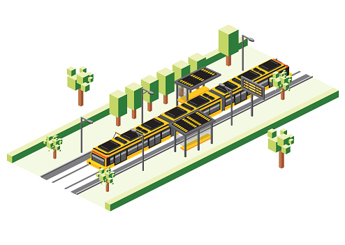 Isometric Tram Station Isolated on White. Vector Illustration. Railway Electric Train. City Scene with Road and Green Tree.