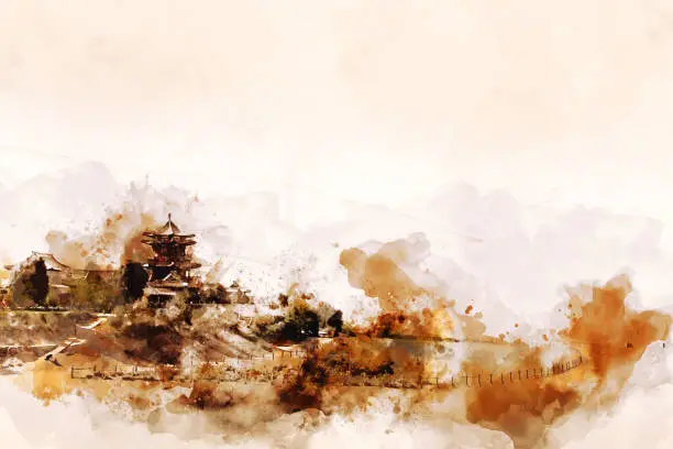Ancient Building in desert,Dunhuang city, China. Digital watercolor painting in brown shade