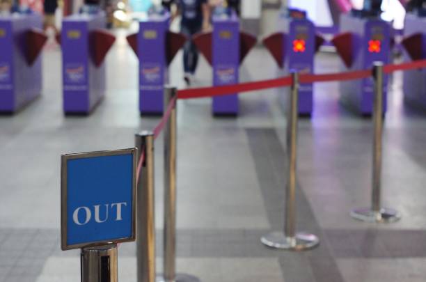 Entry / Exit sign against Rope Barrier Stanchion Queue Rope Barrier Posts Stands Crowd Control