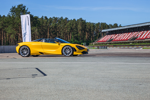 City Riga, Latvian Republic. Sport car -Mclaren in Bikernieku race track. Mclaren club event. May 30. 2019 Travel photo.