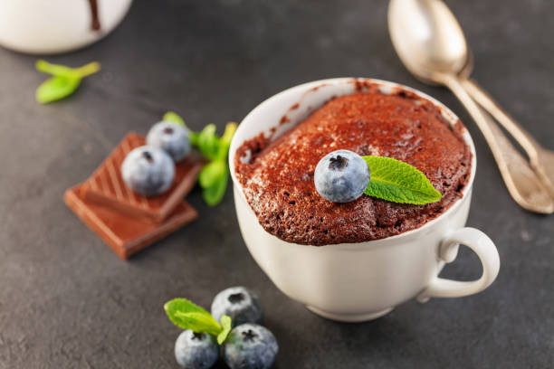 mug cake au chocolat et bleuets - gâteau aux fruits photos et images de collection