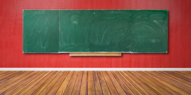 Blank green chalkboard, blackboard texture with copy space hangs on red grunge wall and wooden floor 3D-Illustration