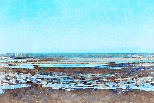 Beautiful Seascape at Low-tide Watercolor Painting Background. This is my Photographic Image of a Seascapein a Watercolour Effect. Because sometimes you might want a more illustrative image.