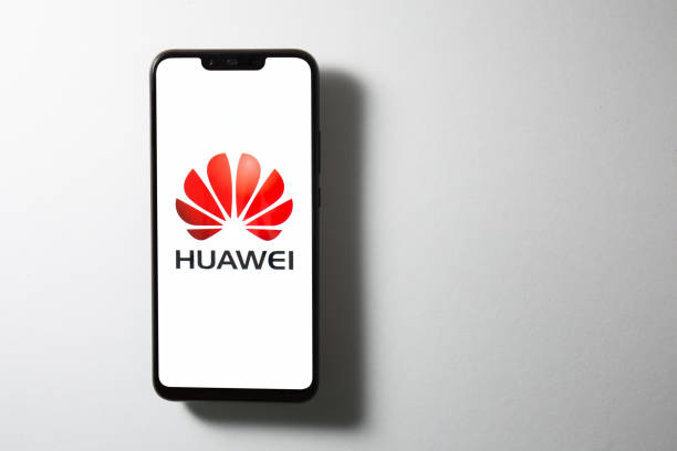 Huawei logo on screen of Huawei Nova 3i with white background stock photo