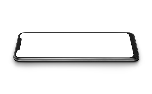 Blanco moderno smartphone con pantalla en blanco se encuentra en la superficie, aislado sobre fondo blanco. photo