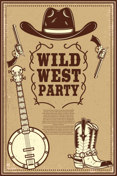 ilustrações, clipart, desenhos animados e ícones de molde ocidental selvagem do poster do partido. botas de cowboy, chapéu, banjo, revólveres. elemento do projeto para o insecto, poster, cartão, bandeira. ilustração do vetor - cowboy hat hat country and western music wild west