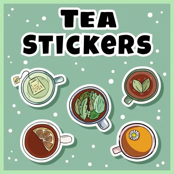 Vector illustration of Tea sticker set. Cups of green and herbal tea labels collection. Hand drawn cartoon style cute cups