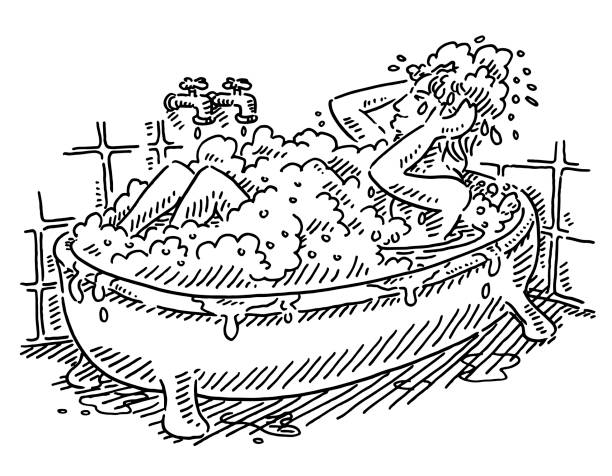 Beautiful Woman Taking A Bath Washing Hair Drawing Hand-drawn vector drawing of a Beautiful Woman Taking A Bath Washing Hair. Black-and-White sketch on a transparent background (.eps-file). Included files are EPS (v10) and Hi-Res JPG. black woman washing hair stock illustrations