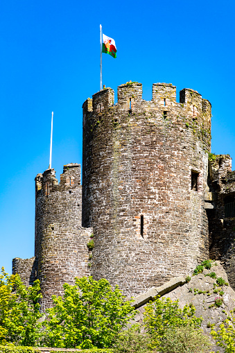 Conwy\nWales\nConwy Castle, on the estuary of the river Conwy at Low tide\nMay 12, 2019