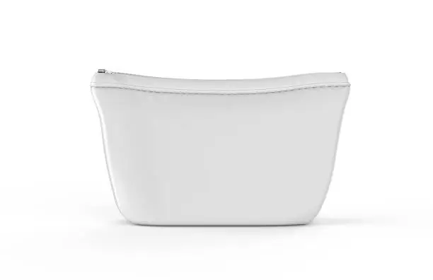 Photo of Blank white pouch for cosmetics mock up on isolated white background, empty linen beautician bag with zip mock up template, 3d illustration