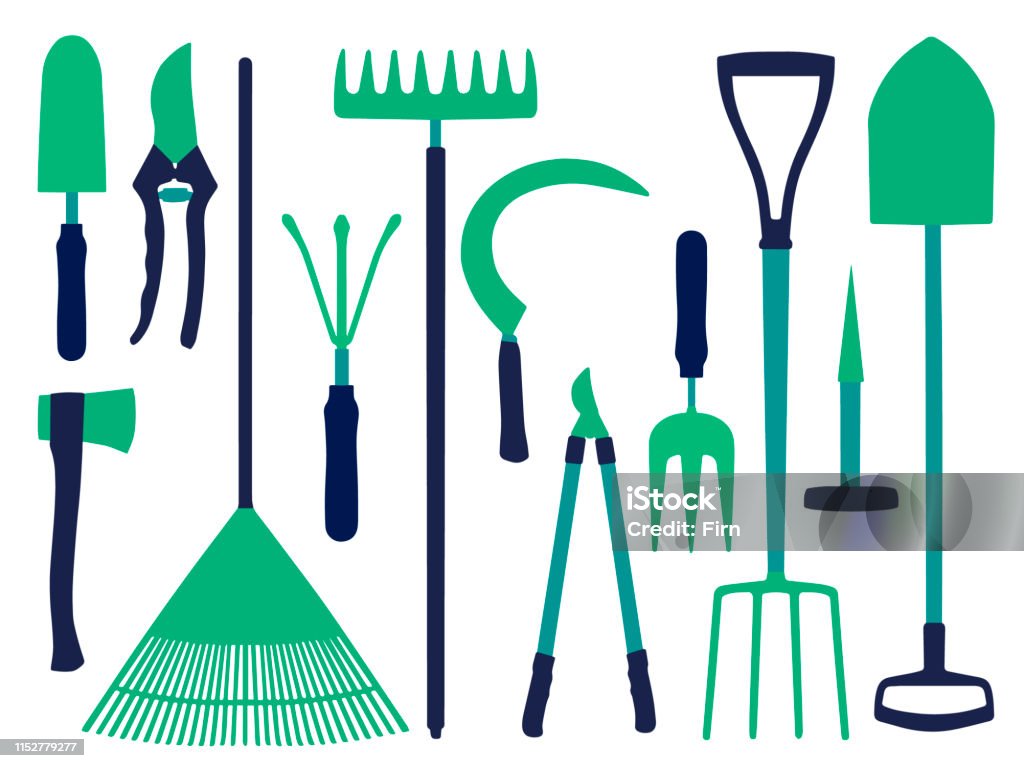 Vector icon set with different gardening tools icons like shovel, ax, rake, scythe or dung fork gardening art Agriculture stock vector