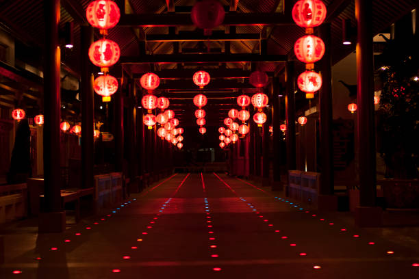 Chinese lanterns at night , Chinese New Year decorations  (text means good luck)