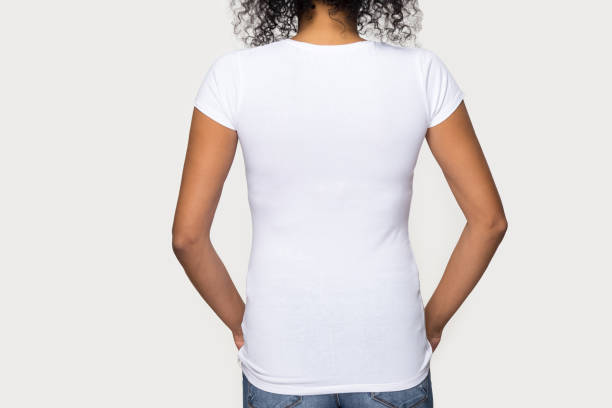 cropped image african female wearing white t-shirt rear view - printer top view imagens e fotografias de stock