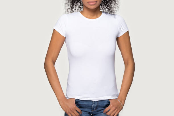 cropped image african female wearing white t-shirt and jeans - printer top view imagens e fotografias de stock