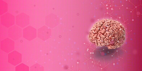 healthcare concept, 3D brain object on fuchsia pink background with large copy space