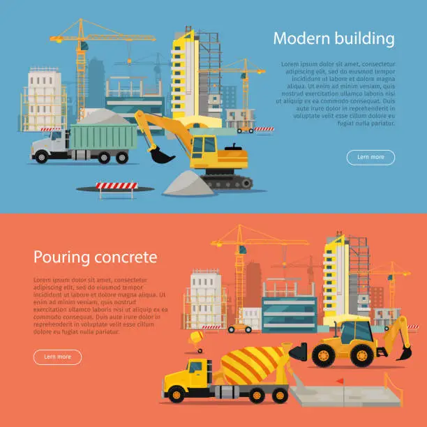 Vector illustration of Modern Building. Process of Pouring Concrete.