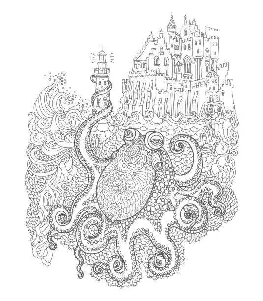 Vector illustration of Vector contour thin line illustration. Giant ornate octopus, sea waves, island, fairy tale castle, lighthouse. Black and white hand drawn sketch artwork. Adults coloring book page, tee shirt print
