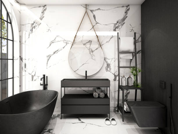 nowoczesna łazienka projektowanie wnętrz, projekt trendu 2019, renderowanie 3d, ilustracja 3d - bathroom black faucet zdjęcia i obrazy z banku zdjęć