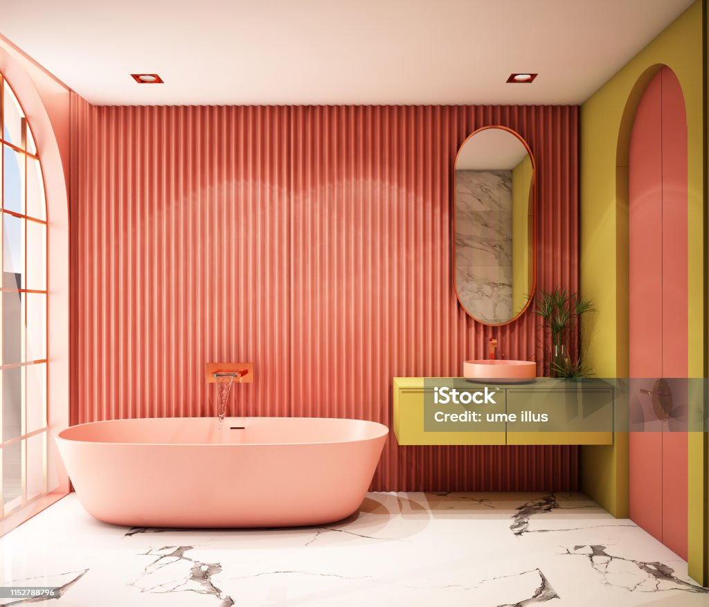 Modern Bathroom Interior design,trend design 2019 ,3d rendering ,3d illustration Bathroom Stock Photo
