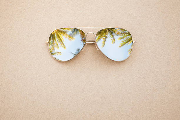 Summer concept, sunglasses in the sand, on the beach with copy space