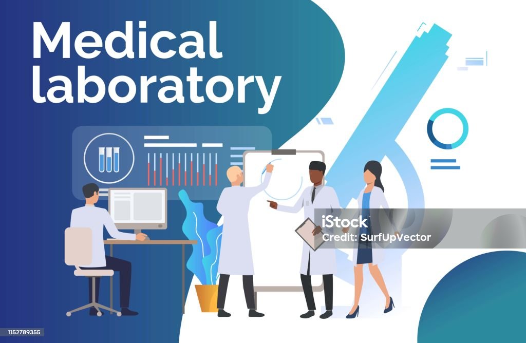 Los científicos analizan la ilustración vectorial de datos médicos - arte vectorial de Doctor libre de derechos