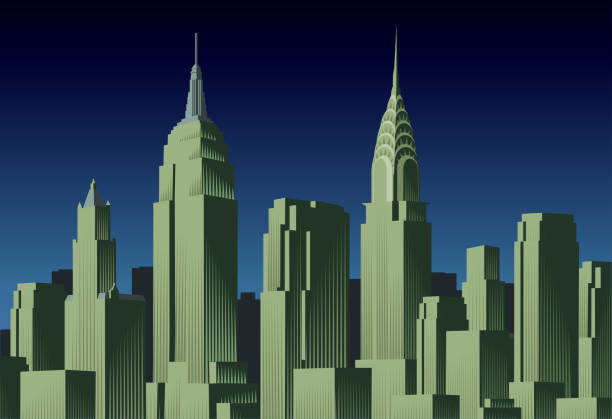 New York City Skyline New York’s famous skyline in Retro crosshatch style empire state building stock illustrations
