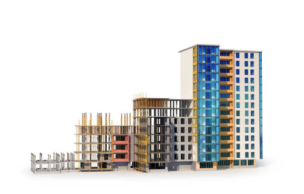 istock Building. Phased construction of a modern residential complex, isolated on white background. 3D illustration 1152790256