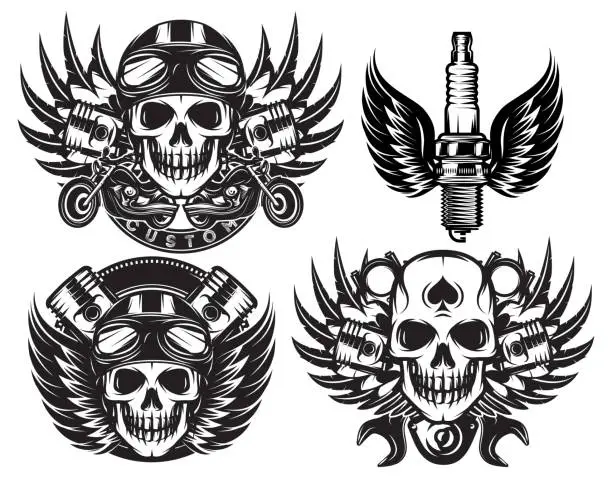 Vector illustration of vector set of monochrome image on motorcycle theme with skull, wings, engine