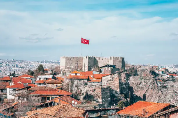 Ankara castle with Turkish flag, close up view
