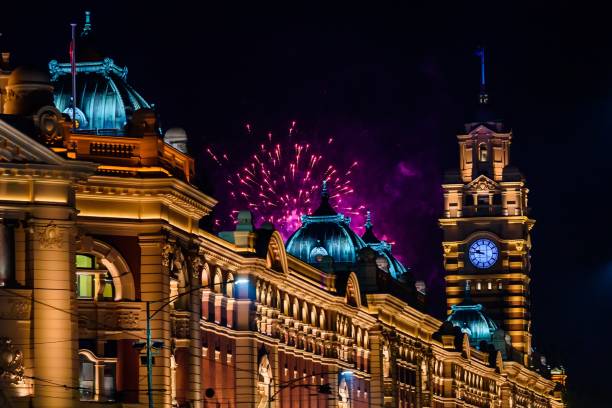 Flinders Street Station Fireworks stock photo
