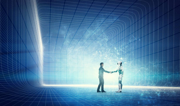 Robot and businessman shaking hands on modern tech background.