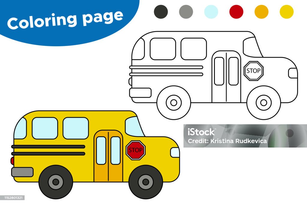 Coloring page for kids. Vector cartoon school bus. Learning transportation for preschool children. Activity stock vector