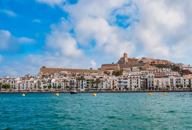 ibiza island, spain. view of the old town. dalt vila and typical balearic houses - ibiza town imagens e fotografias de stock