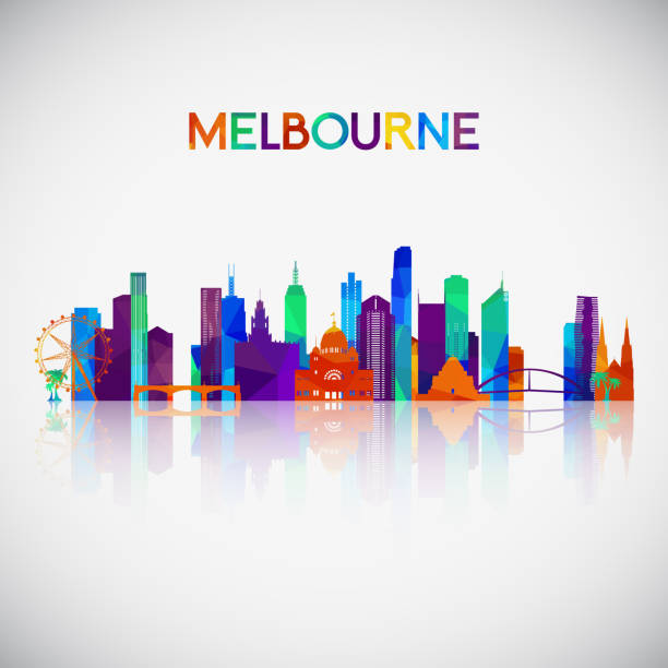 カラフルな幾何学的スタイルでメルボルンのスカイラインのシルエット。デザインのシンボルです。ベクターイラスト。 - melbourne skyline australia city点のイラスト素材／クリップアート素材／マンガ素材／アイコン素材