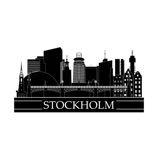 illustrazioni stock, clip art, cartoni animati e icone di tendenza di design artistico della linea del paesaggio urbano di stoccolma. monumenti della città in bianco e nero. illustrazione vettoriale. - stockholm