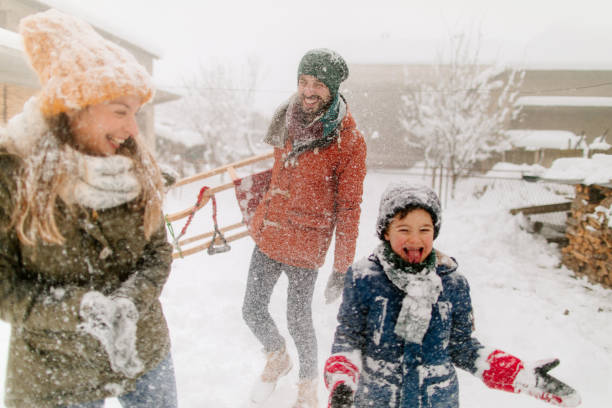 Sledding fight with my family Photo of ecstatic family getting ready for sledding on a snowy winter day they are spending outdoors animal sleigh photos stock pictures, royalty-free photos & images