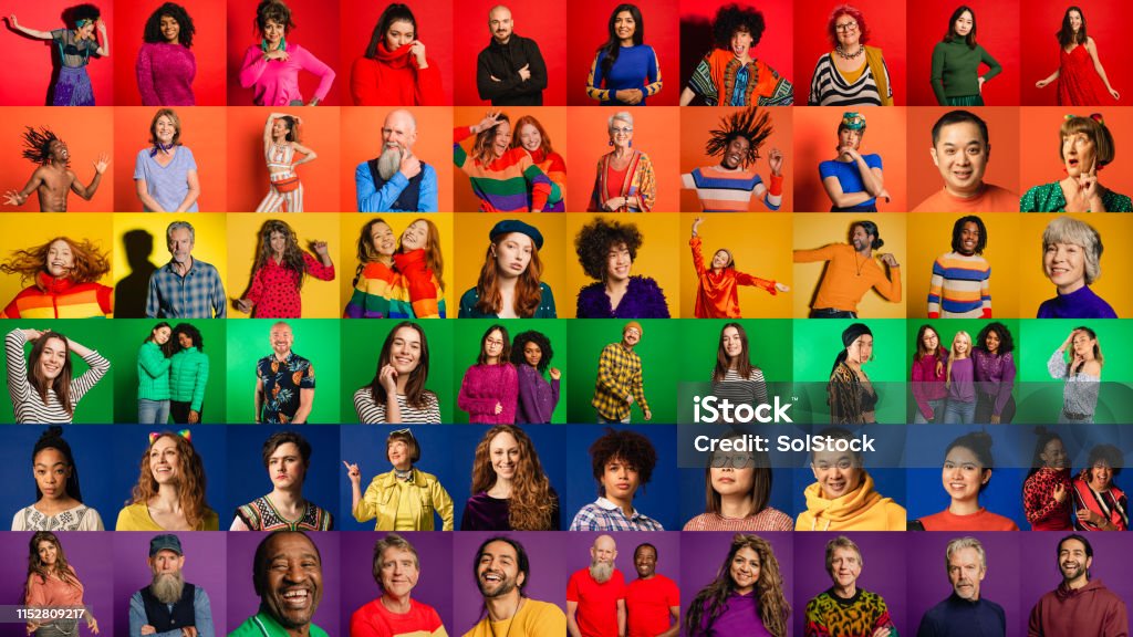 Pride Flag Montage A montage of a large group of individual portraits together to form a pride flag that represents a multi-ethnic, mixed age range group. Multiracial Group Stock Photo