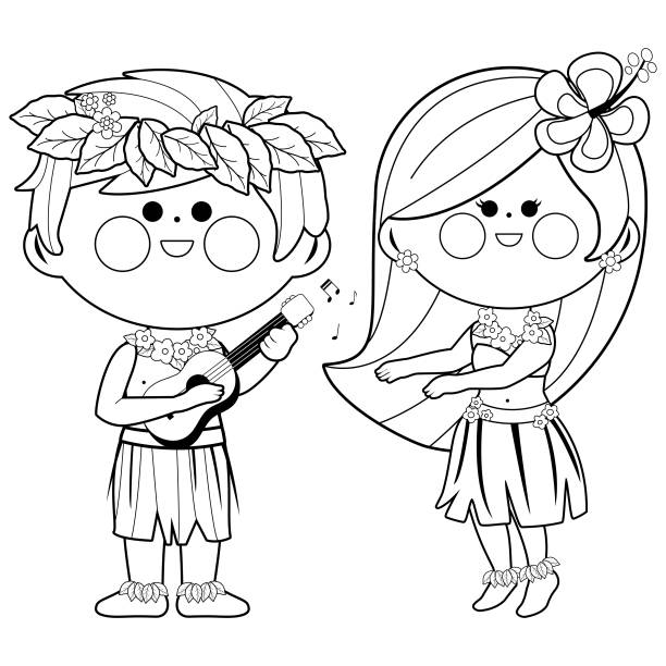 Hawaiian children playing music and hula dancing. Vector black and white coloring page Vector illustration of a Hawaiian boy playing music with his guitar and a Hawaiian hula dancer girl dancing. Black and white coloring page grass skirt stock illustrations