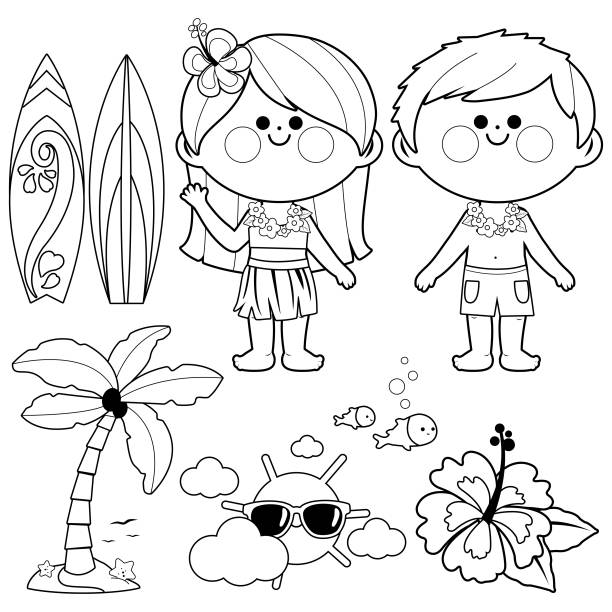 Hawaii vacation children. Beach summer vacation design elements. Vector black and white coloring page Hawaiian boy and girl kids with swimsuits and other beach summer vacation design elements. Black and white coloring page grass skirt stock illustrations