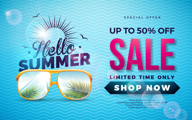 Summer Sale Design with Typography Letter and Exotic Palm Leaves in Sun Glasses on Blue Background. Tropical Vector Special Offer Illustration with Coupon, Voucher, Banner, Flyer, Promotional Poster, Invitation or greeting card. vector art illustration